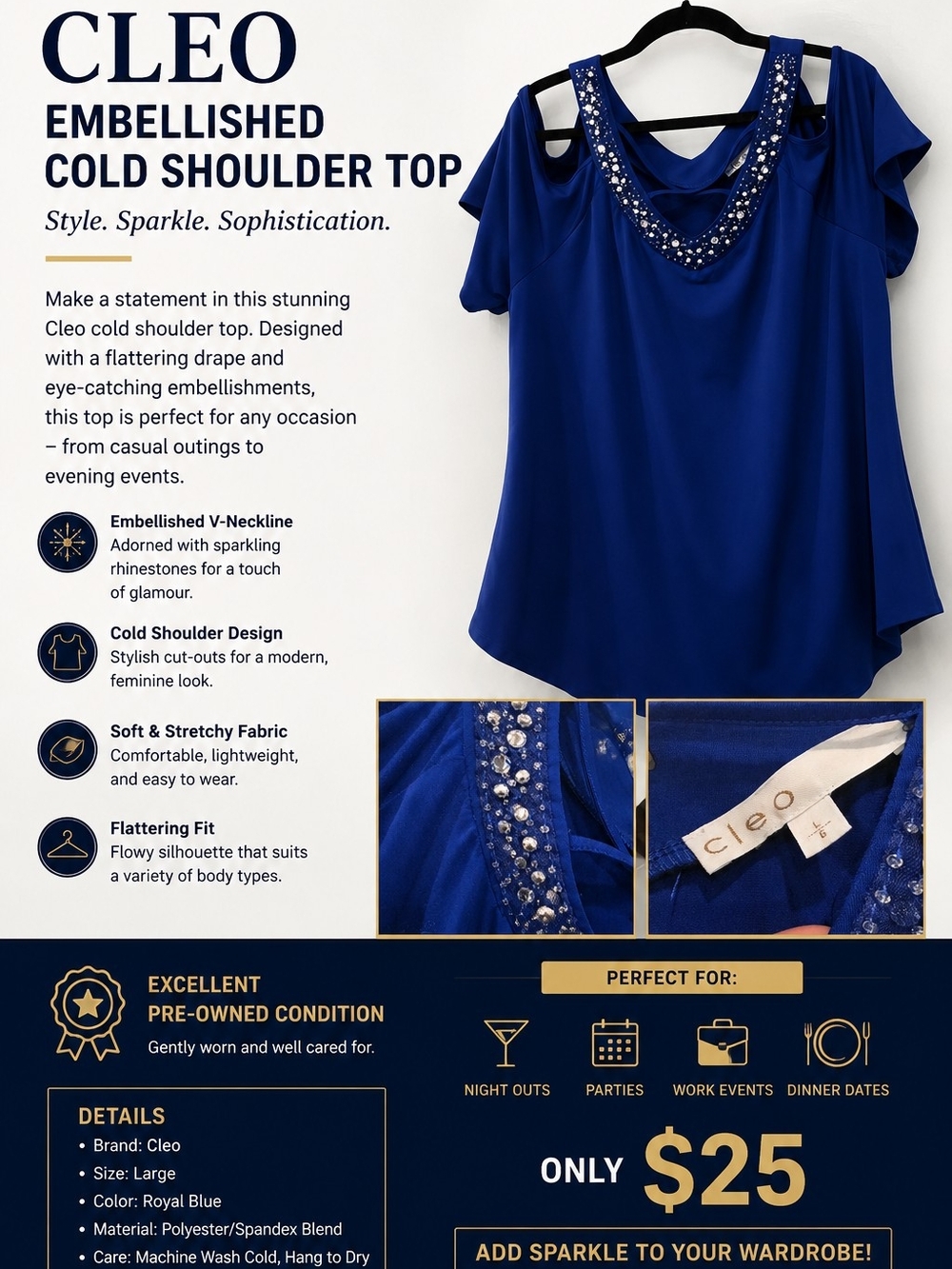 Cleo Embellished Cold Shoulder Top - Royal Blue